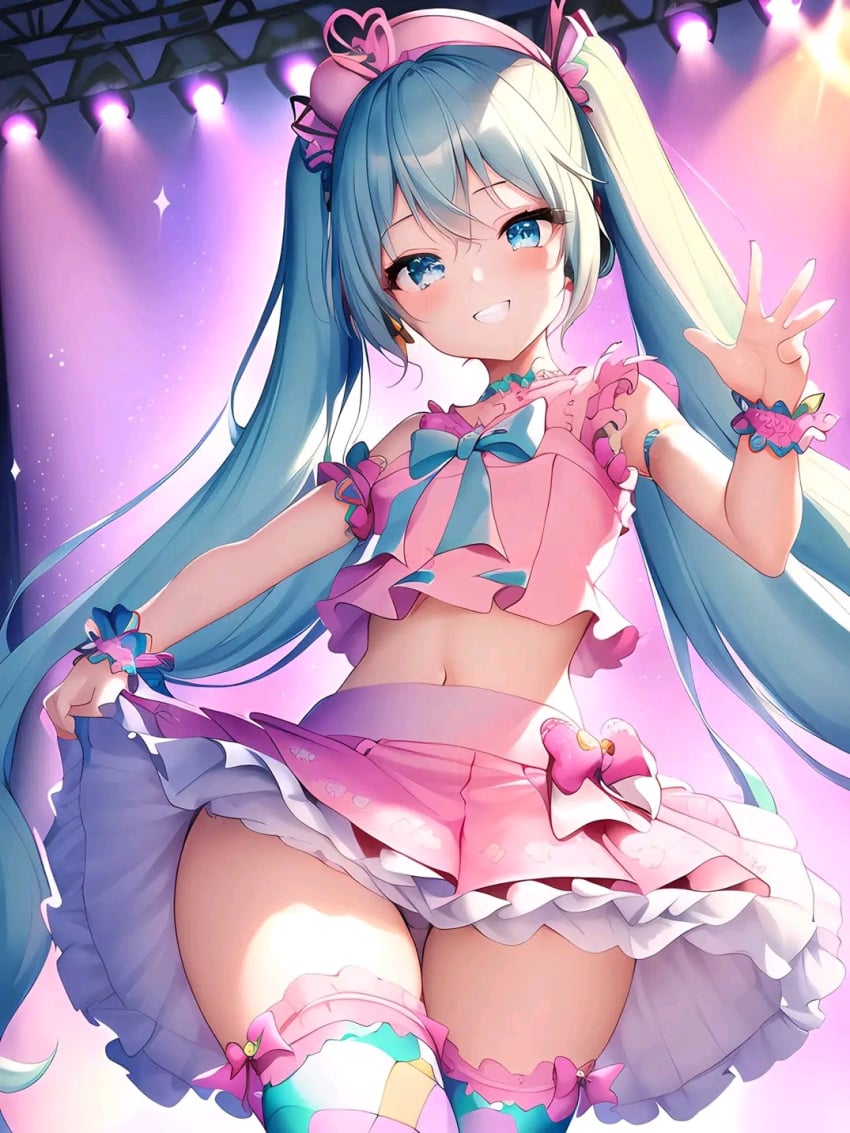 1girls 2d ai_generated bad_anatomy bad_hands bangs blue_hair blush bow_skirt color detached_sleeves eyebrows_visible_through_hair female female_only hair hat hatsune_miku light-skinned_female light_skin long_hair panties pink_hat pink_shirt pink_skirt shirt skirt skirt_lift sleeveless sleeveless_shirt sleeves smile solo teeth thighhighs twintails upskirt vocaloid