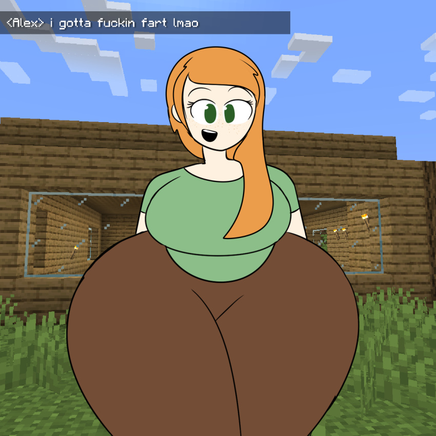 about_to_fart alex_(minecraft) fart huge_ass hyper_ass implied_fart memphisdx minecraft open_mouth thick_thighs wide_hips