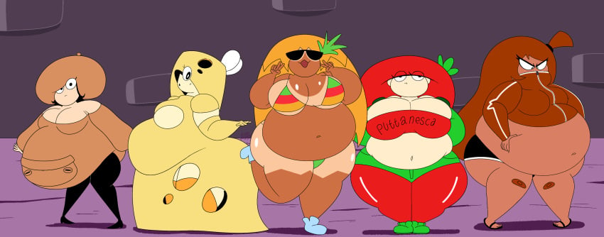 5girls altzegoz_(artist) belly cheese_toppin fat fat_fetish female female_only fetish huge_breasts huge_thighs mushroom_hat mushroom_toppin overweight pineapple_toppin pizza_tower sausage_toppin shortstack tomato_toppin toppin_gals toppin_gals_minus8