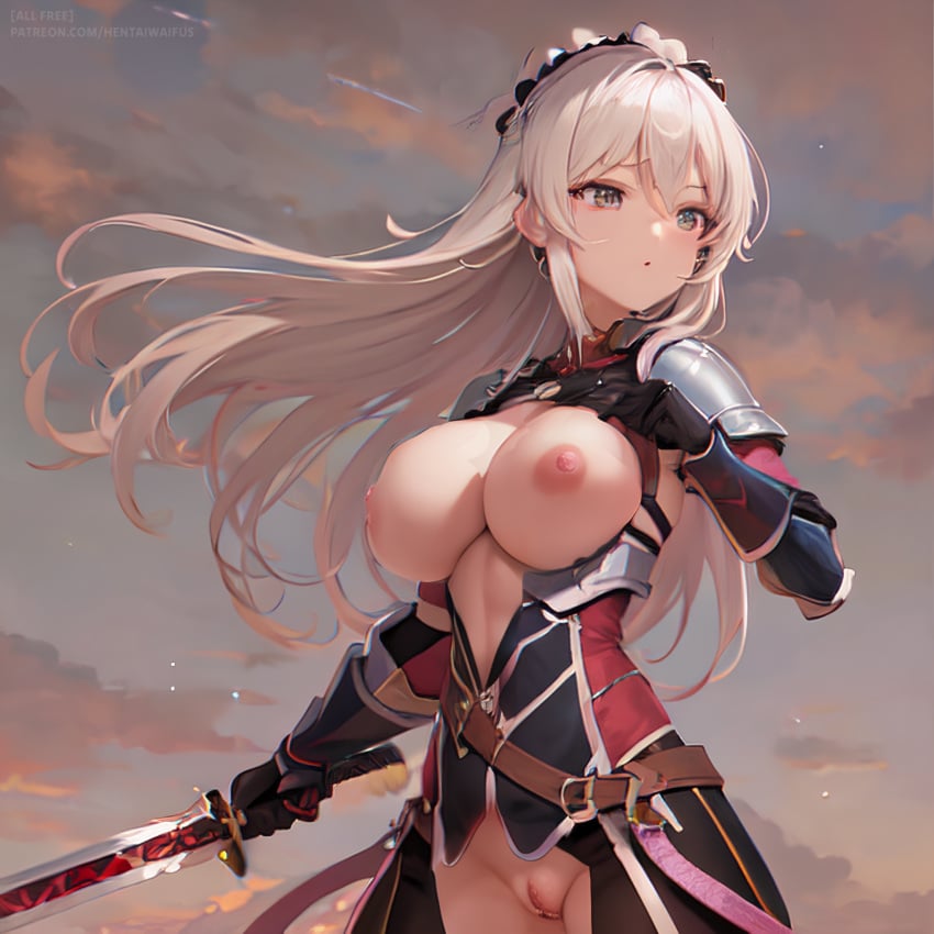 ai_generated ariane_(gaikotsu_kishi-sama_tadaima_isekai_e_o_dekake-chuu) ariane_glenys_maple breasts gaikotsu_kishi-sama_tadaima_isekai_e_o_dekake-chuu pussy stable_diffusion teasing white_hair