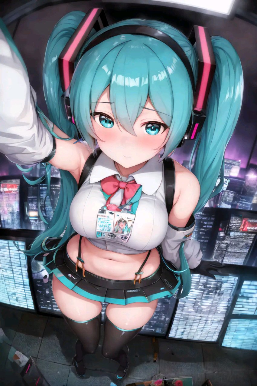 1girls 2d ai_generated armpits bangs bare_shoulders big_breasts black_skirt black_thighhighs blue_eyes blue_hair blush bowtie breasts city color detached_sleeves error eyebrows_visible_through_hair female female_only hatsune_miku light-skinned_female light_skin long_hair miniskirt outside pink_bowtie pleated_skirt shirt skirt smile thighhighs thighs twintails vocaloid white_shirt white_sleeves