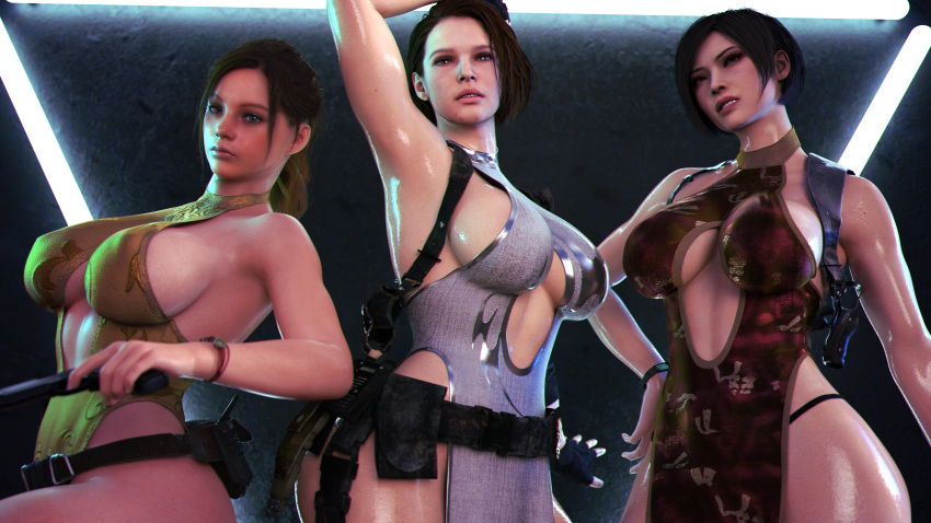 3d 3girls abs ada_wong ada_wong_(adriana) armpits asian asian_female belt biohazard blue_eyes breasts brown_eyes brown_hair capcom casual claire_redfield collar dress female female_only firearm jill_valentine jill_valentine_(sasha_zotova) large_breasts makeup midriff midriff_cutout milapone neckwear nipples nipples_visible_through_clothing panties ponytail resident_evil resident_evil_2 resident_evil_2_remake resident_evil_3 resident_evil_3_remake short_hair thick_thighs thighhighs weapon wristwear