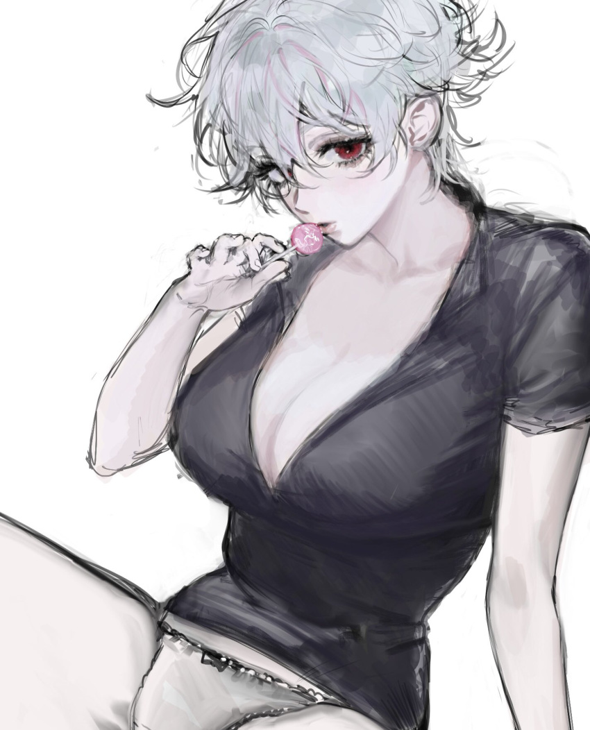 1girls big_breasts candy canon_genderswap cleavage colored_sketch damage_1d3 female female_only food fully_clothed genderswap_(mtf) ginko_sakata gintama lollipop looking_at_viewer messy_hair pale-skinned_female pale_skin panties popped_collar red_eyes rule_63 short_hair silver_hair solo very_short_hair white_hair white_panties