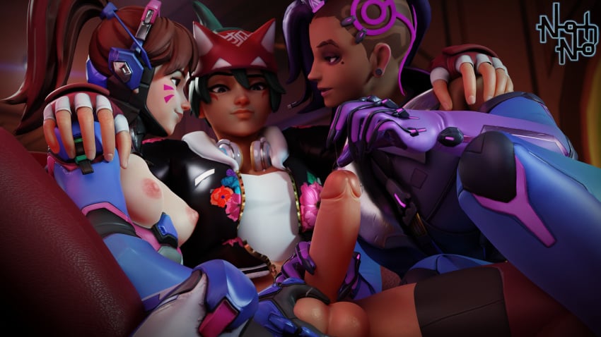 1futa 2girls 3d 3d_(artwork) big_penis blender blizzard_entertainment breasts cum d.va dickgirl fingerless_gloves futa_on_female futanari half-dressed hana_song handjob kiriko_(overwatch) kiriko_kamori nohno overwatch overwatch_2 partially_clothed penis smug sombra