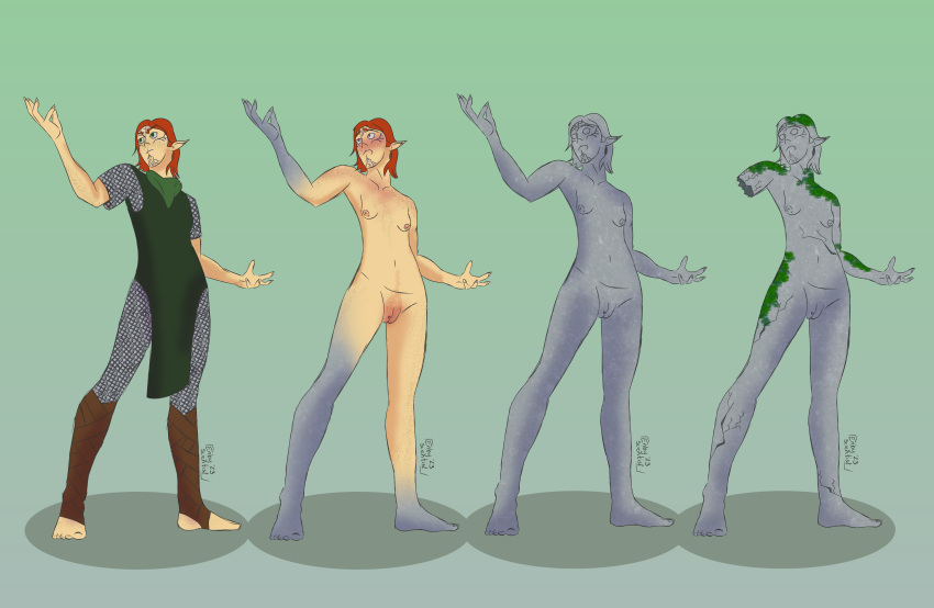 amputated_arm bad_end cuntboy dragon_age dragon_age_inquisition elf elf_ears embarrassed_nude_exposure embarrassed_nude_male enby_scientist inquisitor_(dragon_age) inquisitor_lavellan male petrification pussy red_hair solo