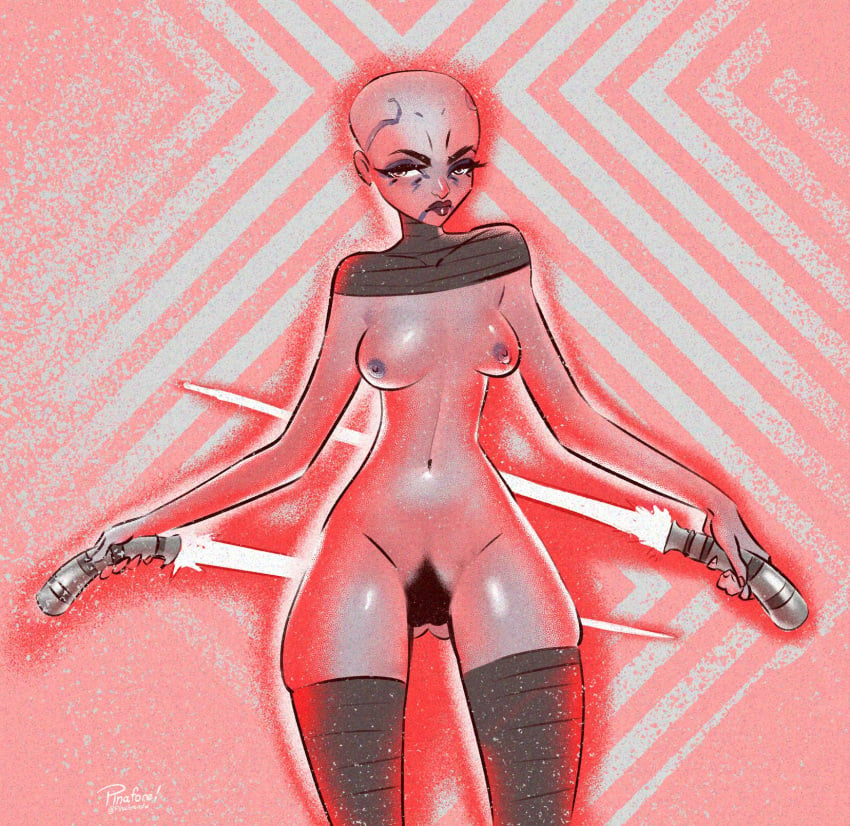 1girls alien_girl asajj_ventress bald breasts dathomiri grey_skin lightsaber pinafore_(artist) pubic_hair pussy sith star_wars text thighhighs