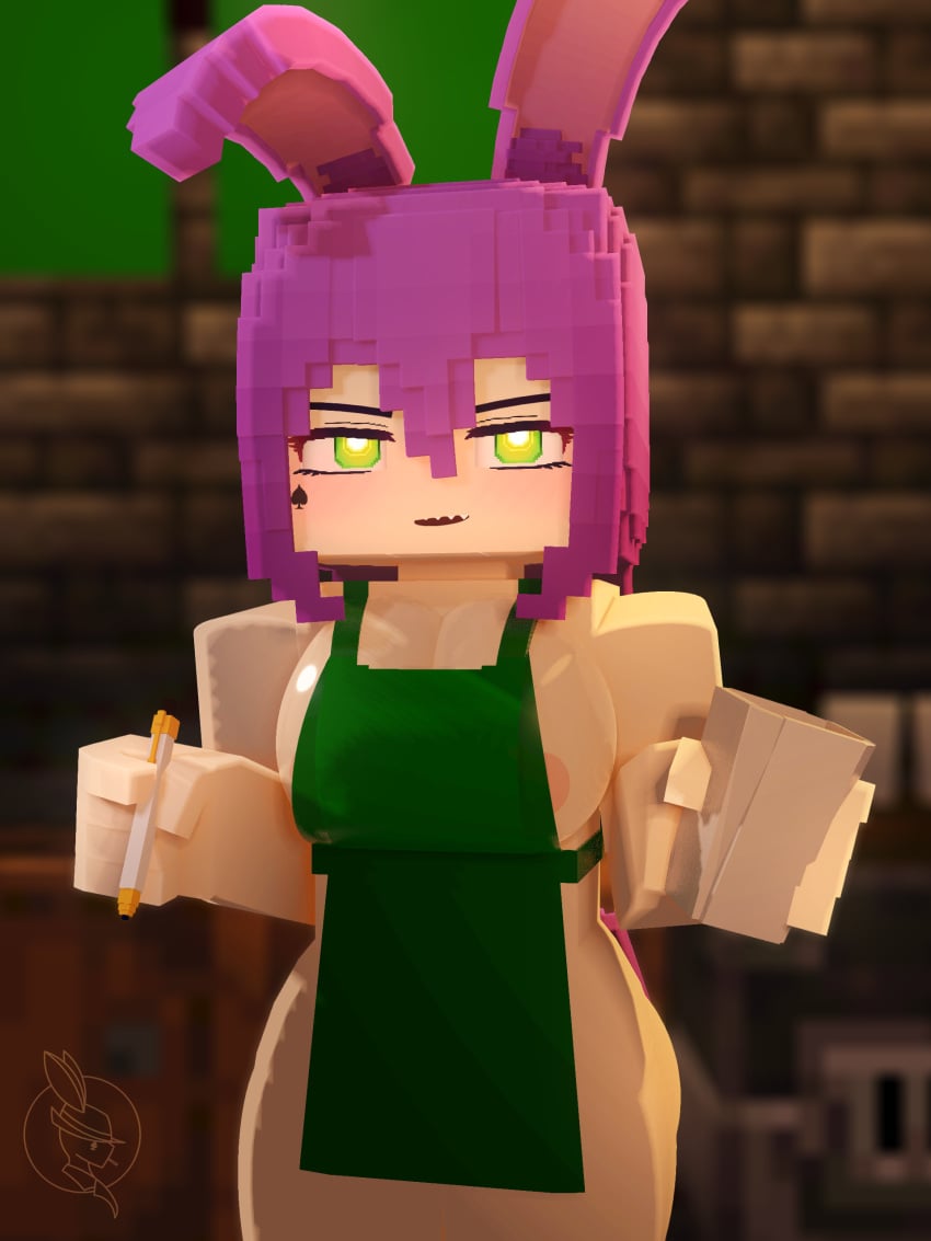 1girls 3d apron_only bunny_ears bunny_girl female green_eyes iced_latte_with_breast_milk looking_at_viewer mine-imator minecraft mira_(miramiusaga) miusaga1987 naked_apron purple_hair tagme