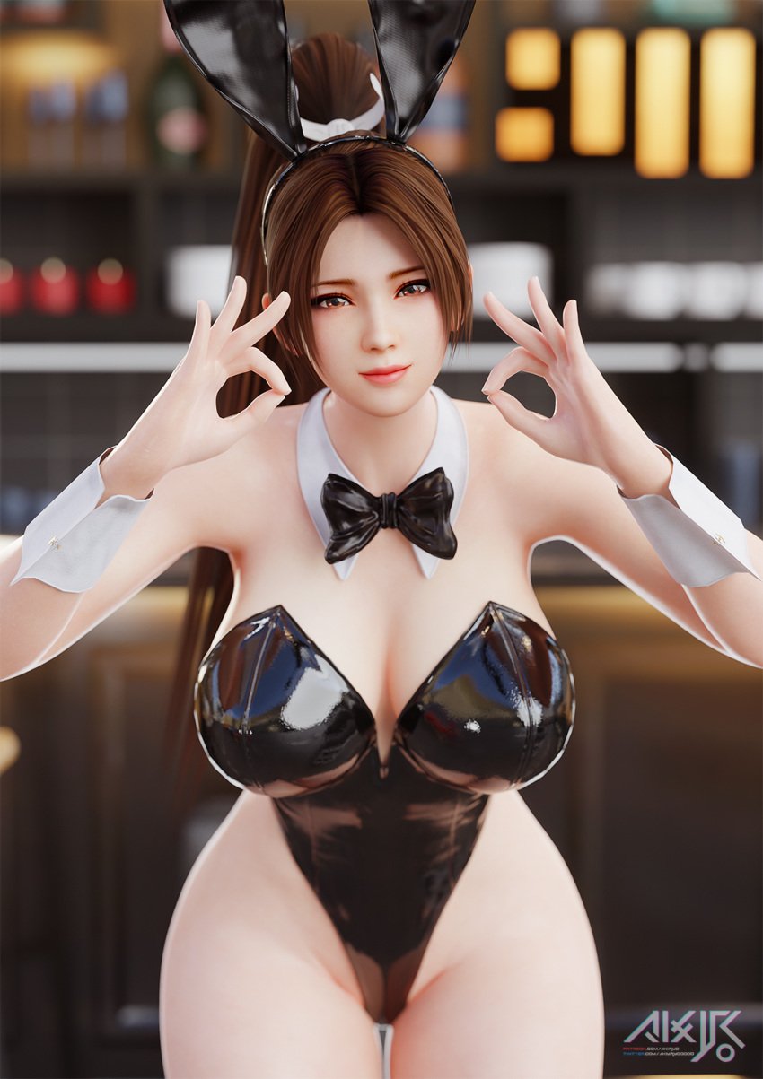 1girls 3d akiryo akiyamaryo big_ass blender brown_eyes brown_hair bunny_ears bunny_girl bunnysuit fatal_fury king_of_fighters latex latex_suit looking_at_viewer mai_shiranui pixiv ponytail seductive seductive_look seductive_smile snk tecmo watermark wide_hips