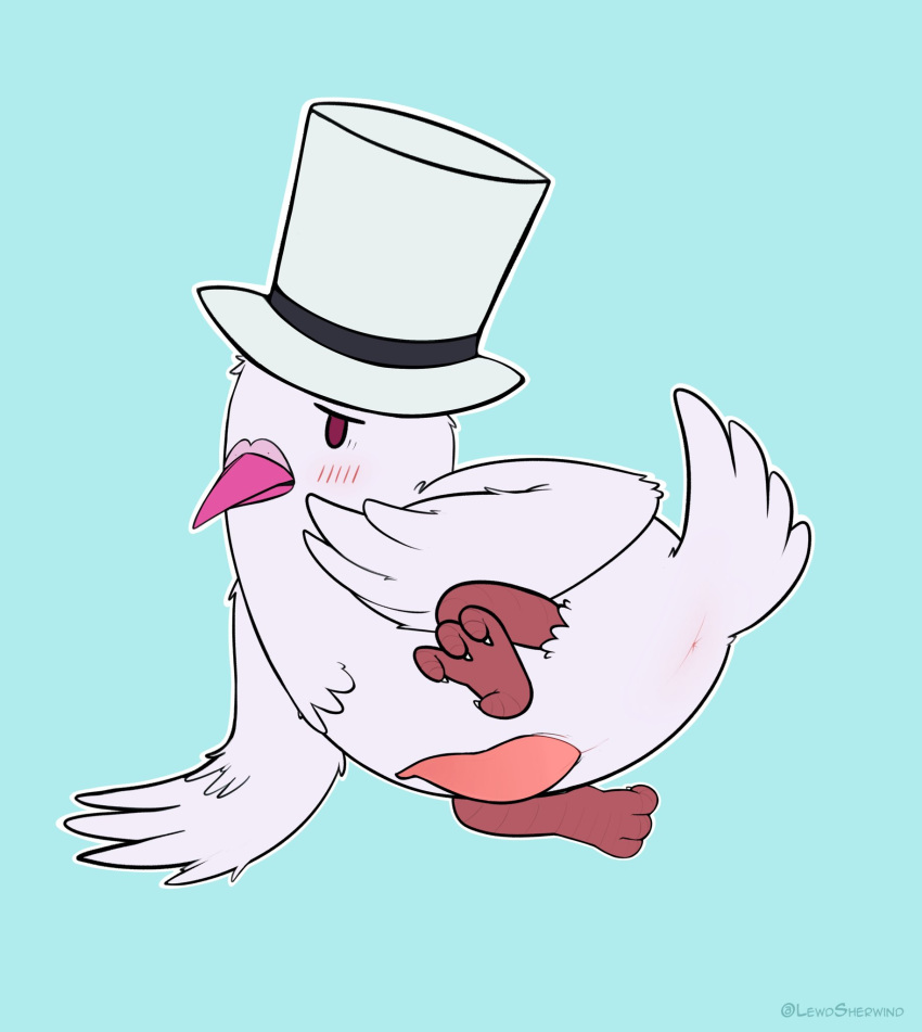 animal_genitalia anus avian bird blush blush_lines clothing columbid comic feathers feral feral_only genitals hat hattori_(one_piece) headgear headwear hi_res male male_only manga one_piece pigeon red_eyes sherwind52 solo spread_legs spreading white_body wings