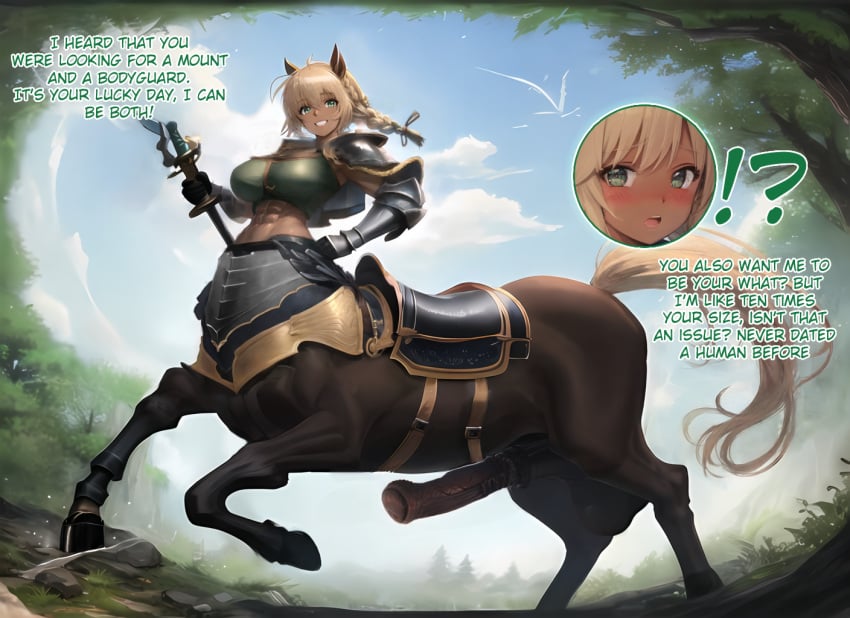 1futa abs ai_generated animal_ears animal_genitalia animal_genitalia_on_humanoid animal_penis armor balls bangs big_balls big_breasts big_testicles blonde_hair blush bottomless braid breasts caption centaur centauress clouds dark-skinned_futa dark-skinned_futanari dark_skin day dickgirl english_text equine_penis erection eyebrows_visible_through_hair forest futanari gauntlets gloves grass green_eyes holding_sword holding_weapon hooves horse_ears horse_penis horse_tail horseballs horsecock horsecock_futa horsecock_futanari horsecock_on_humanoid intersex long_hair looking_at_viewer monster monster_girl nature open_mouth original original_character outdoors penis ponytail rock saddle shadyfox shoulder_armor sky smile stable_diffusion standing sword tagme talking_to_viewer taur teeth testicles text tree weapon