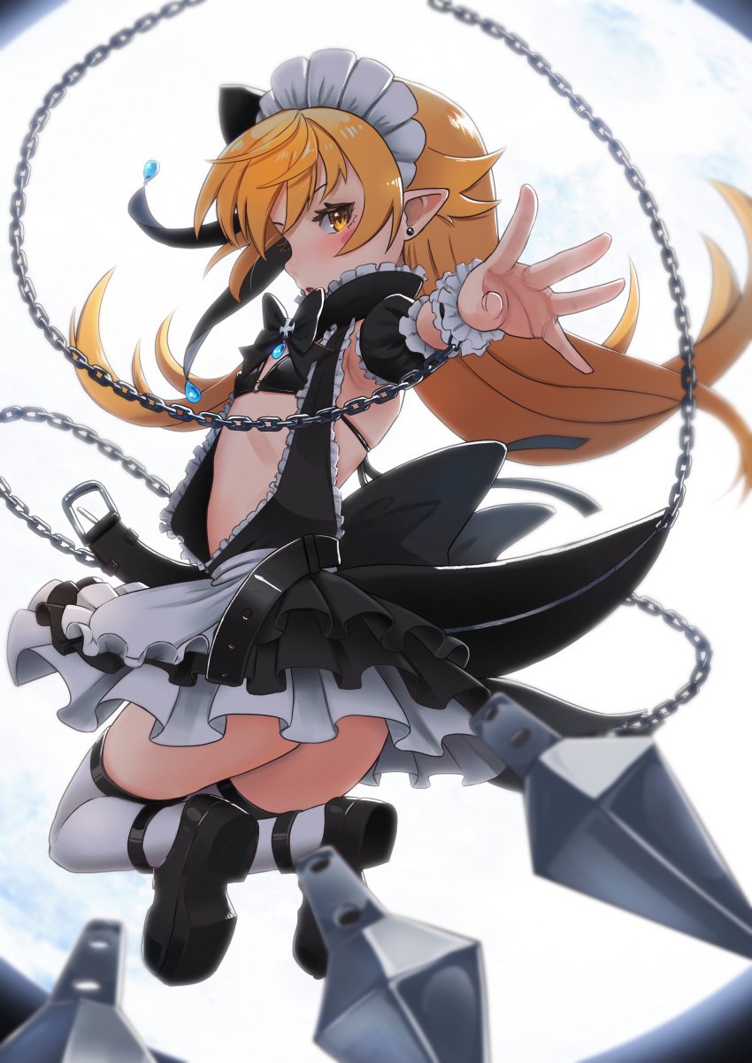 1girls absurd_res absurdres armpits attack attacking_viewer bikini bikini_top black_dress black_footwear blonde_hair bow bowtie chains dress female female_only flat_chest full_body full_moon hair_ribbon hi_res highres incoming_attack kunai long_hair looking_at_viewer maid maid_headdress micro_bikini micro_bra monogatari_(series) moon open_mouth oshino_shinobu pointy_ears ribbon ricman_rt_(artist) shoes short_dress solo swimsuit thighhighs upskirt weapon white_thighhighs yellow_eyes