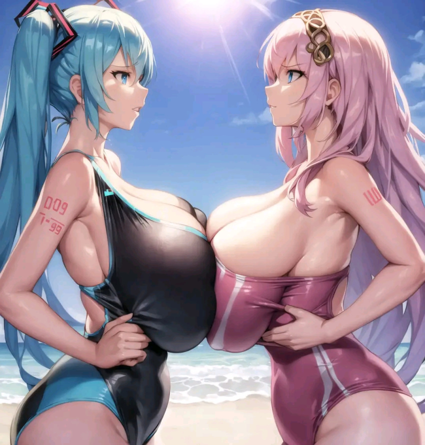 2girls ai_generated angry beach blue_eyes curvaceous cyan_hair docking female female_only hands_on_hips hatsune_miku large_breasts megurine_luka outdoors pink_hair staredown swimsuit vocaloid zero0milk