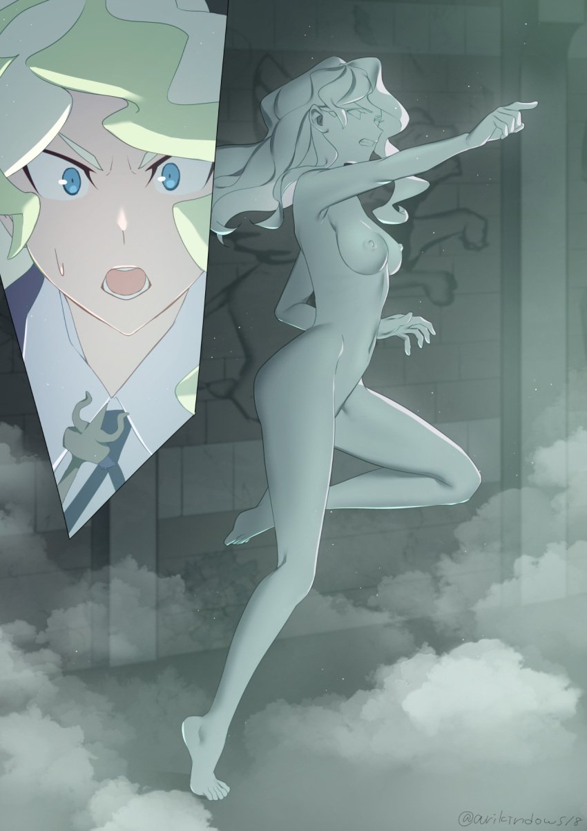 arikindows10 blonde_hair blue_eyes breasts clenched_teeth diana_cavendish female highres large_breasts little_witch_academia luna_nova_school_uniform multiple_views navel nipples nude open_mouth petrification pointing school_uniform statue teeth wide-eyed