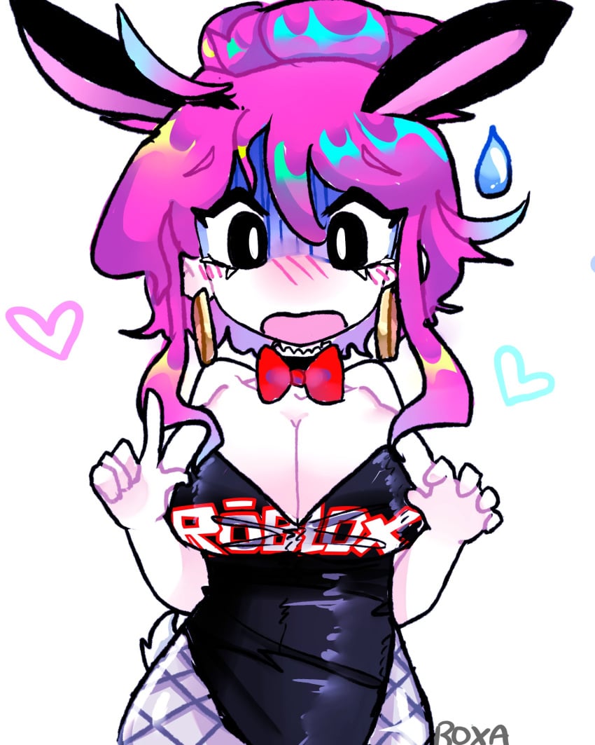 1girls breasts bunny_ears bunnysuit female fishnets guest_(roblox) heart purple_hair roblox robloxian roxapox source_request tagme text_on_clothing