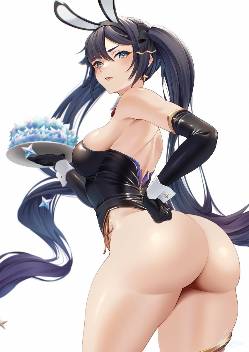 1girls ass big_ass big_butt blue_eyes bunny_ears bunnysuit butt female female_only genshin_impact gloves hakua_(hka_art) leotard long_gloves long_hair looking_at_viewer looking_back medium_breasts mona_(genshin_impact) mona_ass solo solo_female thick_ass thick_thighs twintails white_background