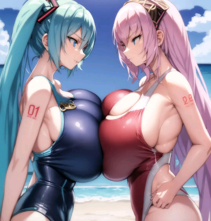 2d 2girls 3_breasts ai_generated arm_tattoo bad_anatomy bad_hands bangs bare_shoulders beach bloom blue_eyes blue_hair blue_one-piece_swimsuit breasts cleavage clouds color eyebrows_visible_through_hair female female_only hatsune_miku huge_breasts light-skinned_female light_skin long_hair looking_at_another megurine_luka one-piece_swimsuit outside pink_hair red_one-piece_swimsuit sea sky swimsuit tattoo twintails vocaloid