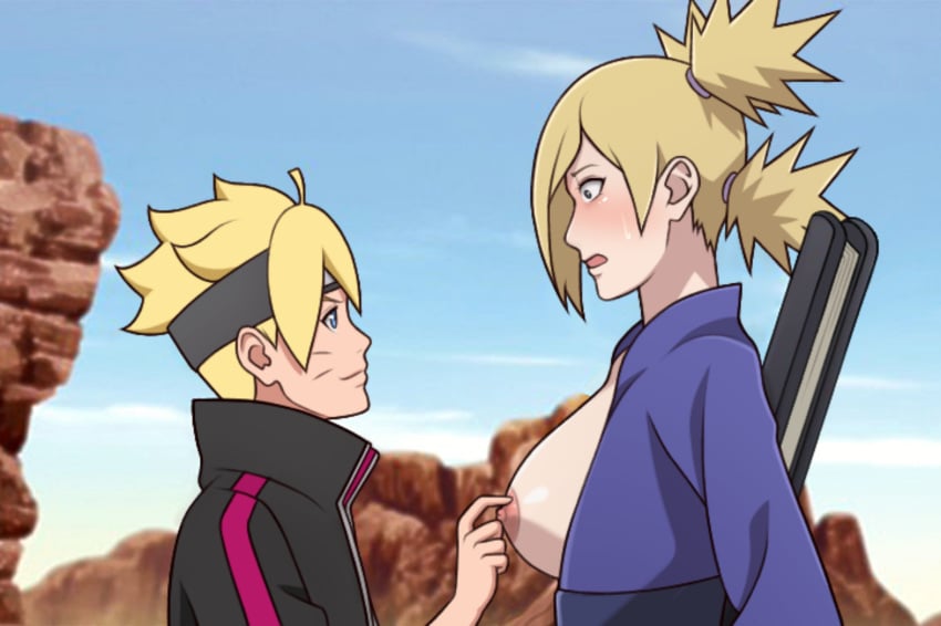 1boy1girl age_difference big_breasts blue_eyes boruto:_naruto_next_generations breasts breasts_out busty clothing embarrassed eye_contact face_to_face female height_difference huge_breasts jacket kimono large_breasts larger_female long_hair looking_at_another male male/female mature mature_female milf molestation naruto naruto_(series) necroxxx nipple_pinch nipple_play no_bra older_female outdoors short_hair sideboob size_difference smaller_male sweat taller_female teal_eyes temari upper_body uzumaki_boruto younger_male