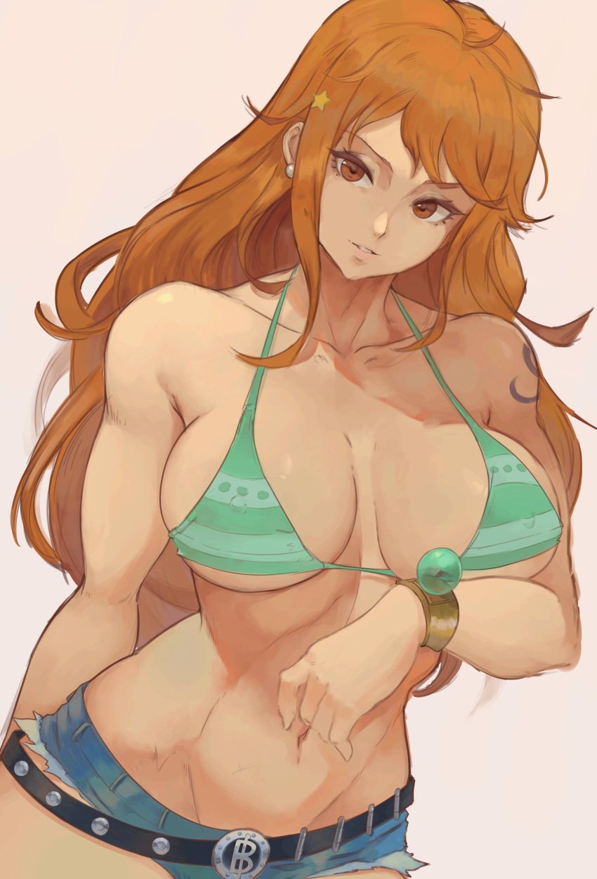 1girls belt bikini booty_shorts breasts cutesexyrobutts_(style) female female_only high_resolution huge_breasts jeans lesottart light-skinned_female light_skin long_hair looking_at_viewer nami one_piece orange_hair post-timeskip short_shorts shorts shoulder_tattoo simple_background striped_bikini