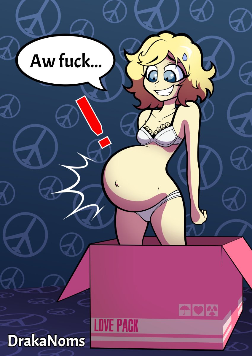 blonde_hair blue_eyes bra cardboard_box drakanoms konami metal_gear metal_gear_solid metal_gear_solid_peace_walker nervous_smile outie_navel panties paz_ortega_andrade peace_symbol pregnant ready_to_pop speech_bubble surprised sweatdrop text underwear white_bra white_panties