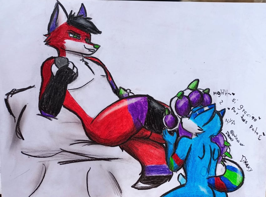 2boys anthro anthro_only black_hair blue_penis canid canine colored_pencil_(artwork) dominant duo duo_male fetish foot_fetish foot_worship fox furry furry_only gay green_nose hi_res huge_feet huge_paws hyper hyper_feet majira_strawberry male male/male male_only mammal multicoloured_fur no_humans oc original_character paw_pads pawpads pencil_(artwork) penis popufur red_body red_fur size_difference traditional_media traditional_media_(artwork) unknown_artist yiff youtube youtuber