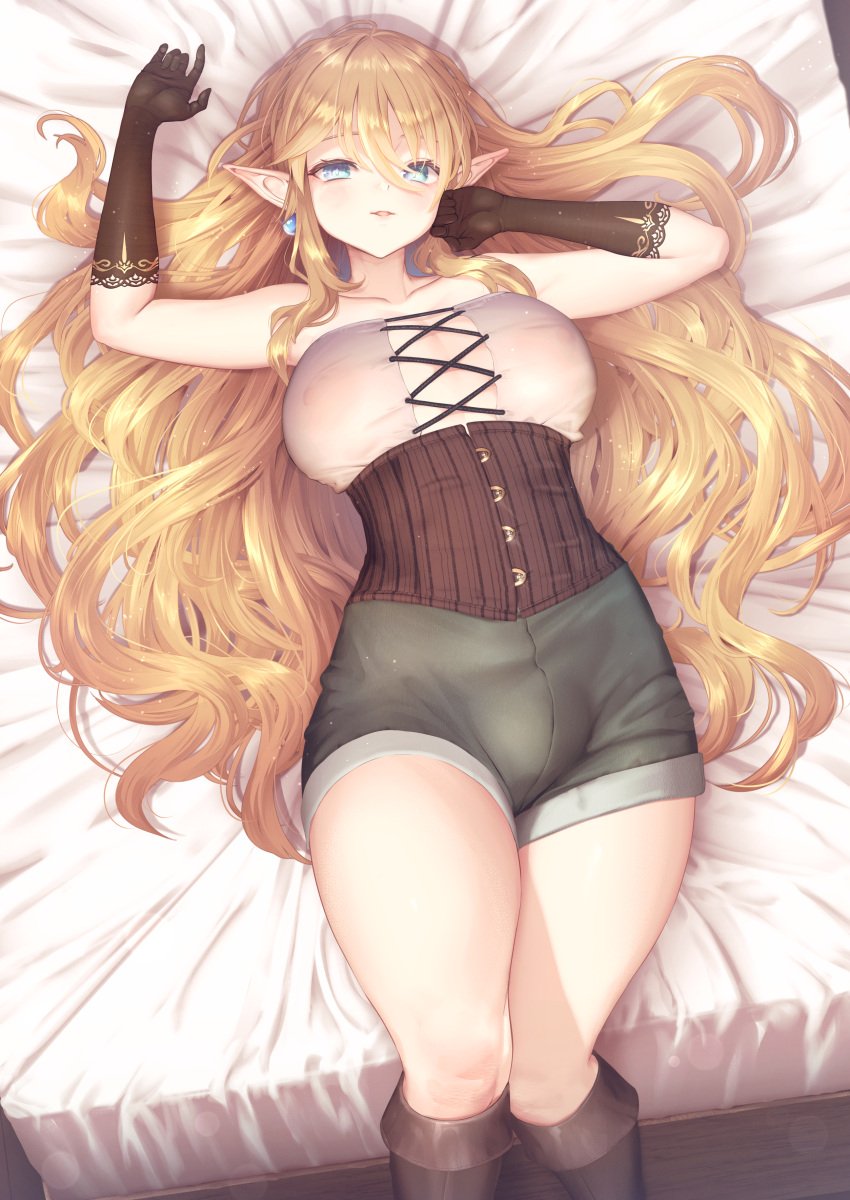 1futa balls bed big_breasts blonde_hair blue_eyes boots breasts bulge clothed clothing corset elf flaccid fully_clothed futa_only futanari gloves humanoid laying_down laying_on_bed light-skinned_futanari light_skin long_hair looking_at_viewer nipples_visible_through_clothing on_back penis pointy_ears shorts solo thick_thighs yana_(nekoarashi)