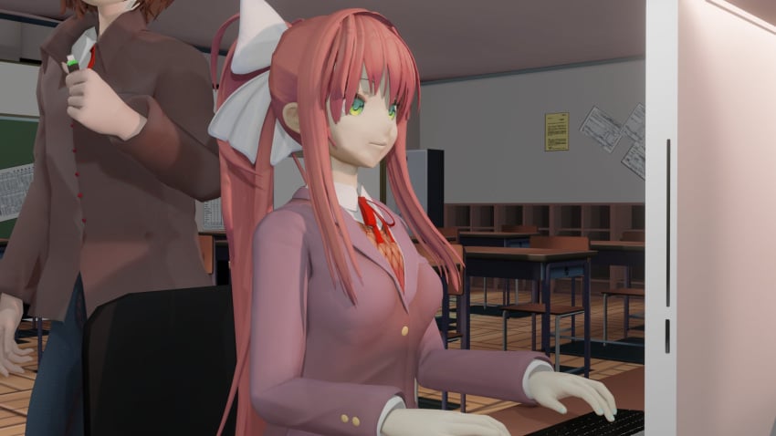 2girls 3d 3d_(artwork) bow computer doki_doki_literature_club ehhypnohub female female_only fully_clothed hairbow happy mc_(doki_doki_literature_club!) monika_(doki_doki_literature_club) schoolgirl