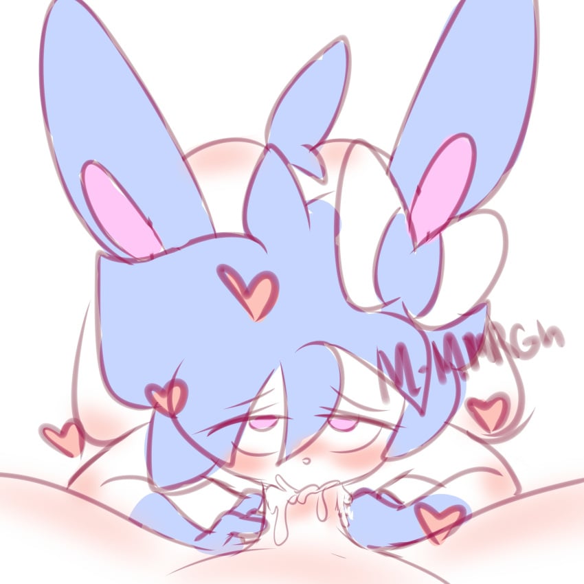 1girls blue_hair blush cum eeveelution fellatio female genitals half-closed_eyes heart jaspixie nintendo oral penis pink_eyes pokémon_(species) pokemon pokemon_(species) shiny_pokemon sylveon tail text white_background