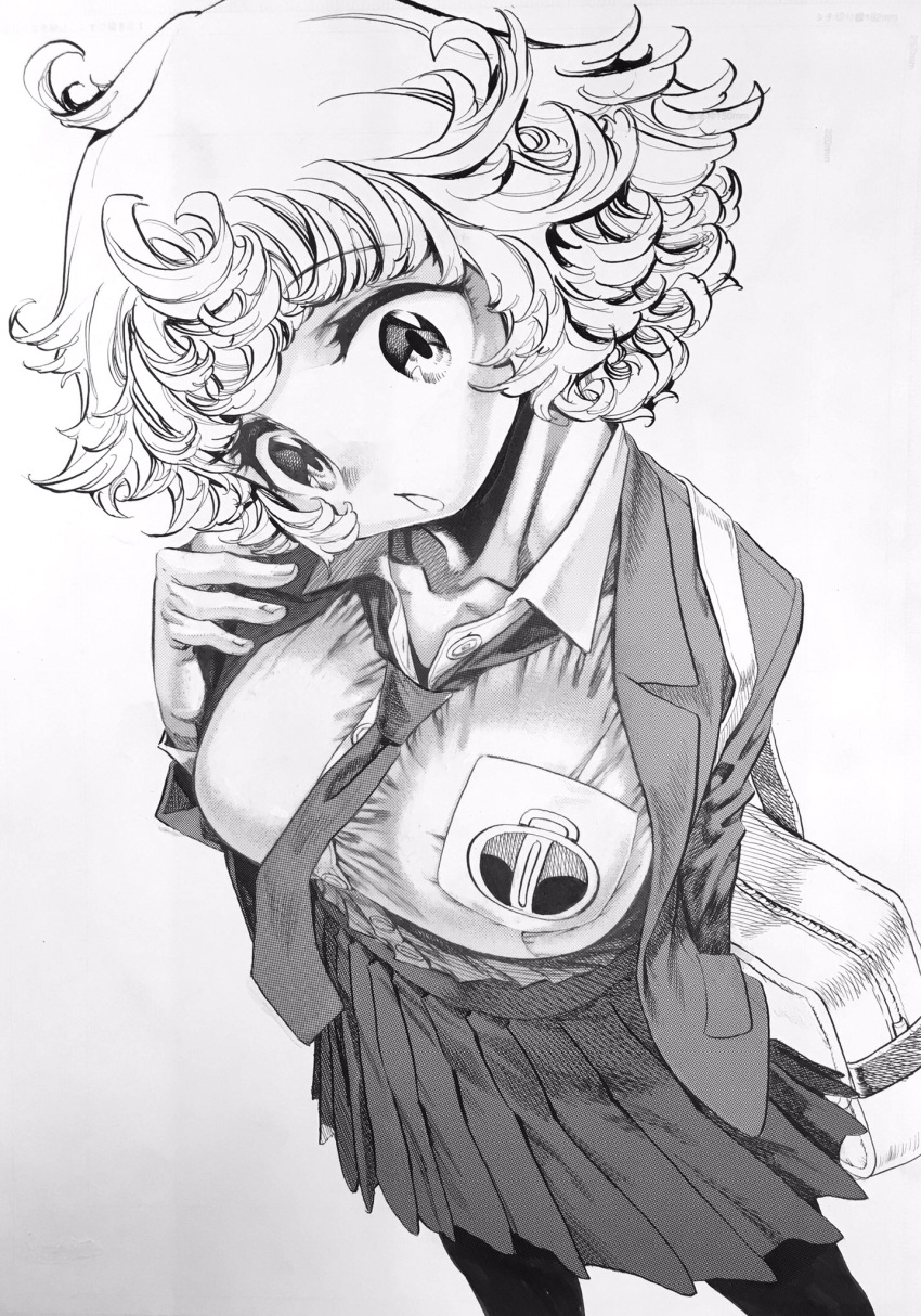 alternate_costume big_breasts curly_hair female female_only fully_clothed high-angle_view kikimolaru looking_at_viewer made_in_abyss monochrome necktie pleated_skirt prushka school_uniform schoolgirl screentone short_hair solo tight_clothing traditional_media_(artwork)