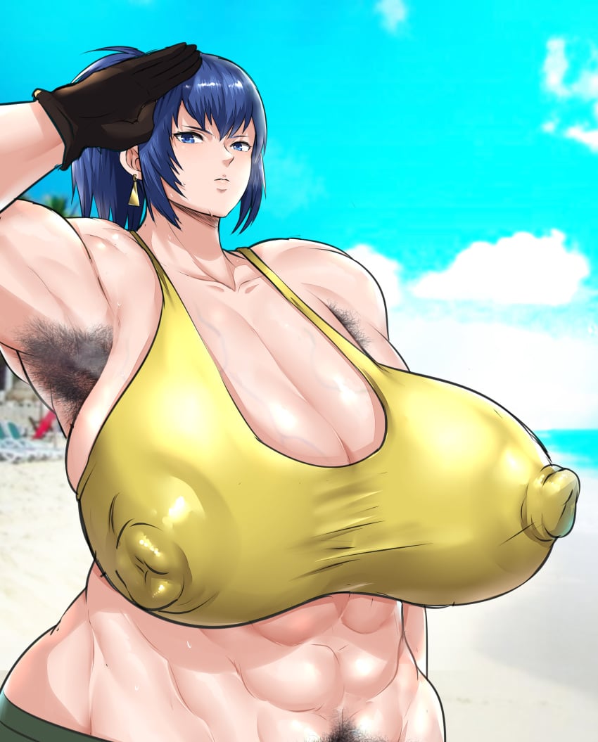 1girls abs alternate_breast_size armpit_hair big_breasts blue_armpit_hair blue_eyes blue_hair breasts breasts_bigger_than_head cleavage clothed deep_cleavage earrings excessive_armpit_hair female female_armpit_hair female_focus female_only female_pubic_hair gigantic_breasts hairy_armpits hanging_breasts huge_breasts hyper_muscles jewelry king_of_fighters large_areolae large_breasts leona_heidern massive_breasts muscle muscles muscular muscular_female nipple_bulge nipples_visible_through_clothing pubic_hair pubic_hair_peek salute shirotou_(artist) solo tank_top underarm_hair veins veiny_breasts yellow_tank_top