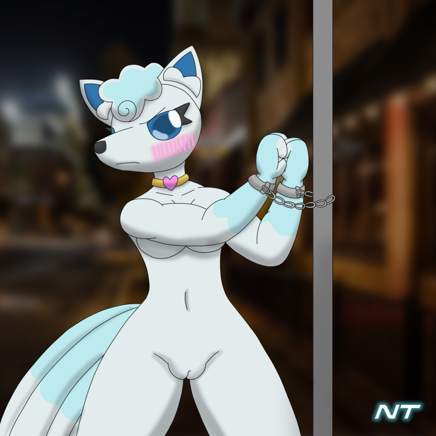 alolan_form alolan_vulpix annoyed anthro aurora_ledekova blue_eyes blush blush_lines bondage bondage bound canid canine collar collar_only cuff_(restraint) embarrassed eyelashes female fox frown generation_1_pokemon generation_7_pokemon genitals handcuffed handcuffs head_tuft hi_res looking_at_viewer mammal metal_cuffs multi_tail ninjatreecko nintendo nude pokemon pokemon_(species) pokemorph pole pussy regional_form_(pokemon) restraints shaded solo standing tagme tail tuft vulpix white_body wrists_tied