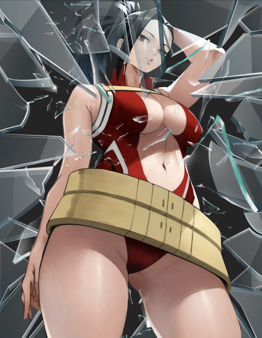 alternate_version arm_up breasts broken_glass fanart glass_shards looking_at_viewer momo_yaoyorozu my_hero_academia navel shards sideboob thick_thighs thighs yoshi55level