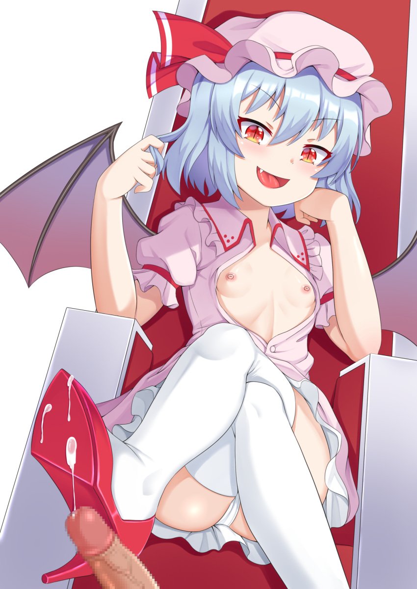 akasaka_sato bat_wings blue_hair breasts collared_shirt cum cum_on_clothes cute_fang embodiment_of_scarlet_devil flat_chest frilled_skirt frilled_sleeves frills hat high_heels highres mob_cap panties penis red_eyes remilia_scarlet shirt skirt small_breasts thighhighs touhou underwear white_thighhighs wings