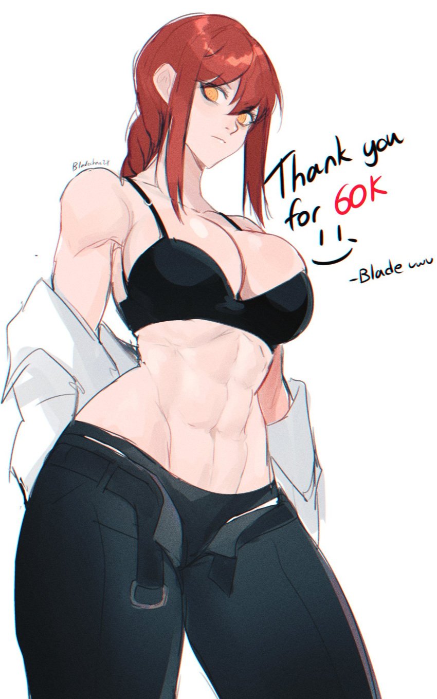 abs bare_shoulders belly belly_button big_breasts bladechan28 bra braid braided_hair braided_ponytail breasts busty chainsaw_man female fit fit_female follower_celebration huge_breasts large_breasts looking_at_viewer looking_down makima_(chainsaw_man) milestone_celebration muscles muscular muscular_female panties red_hair removing_clothing removing_shirt shirt_down shirt_removed shirtless shoulders shounen_jump spiral_eyes tagme thick thick_thighs toned toned_female toned_stomach tummy underwear white_background