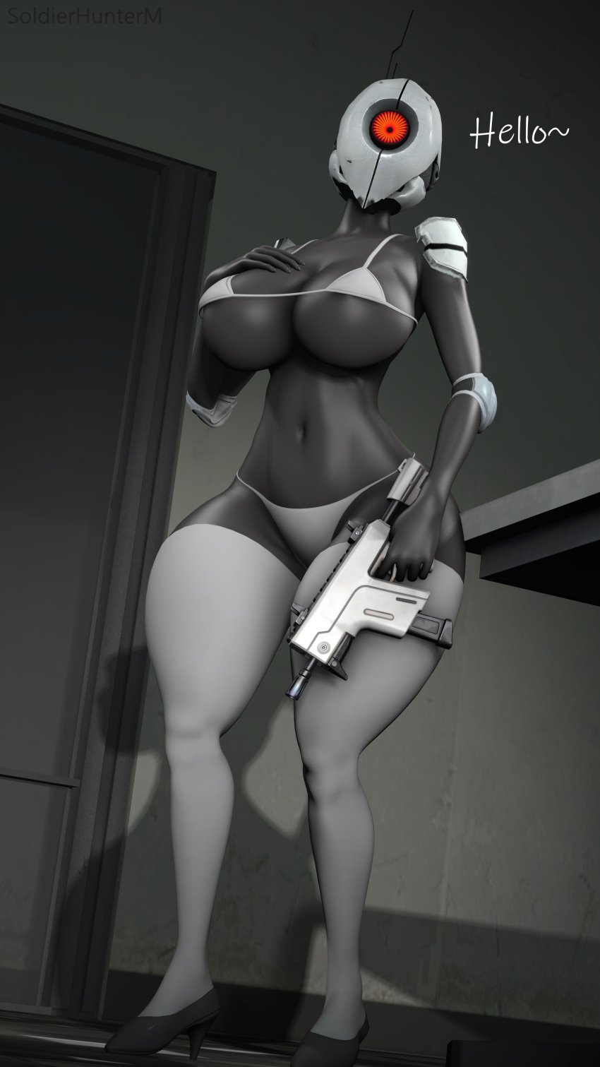 1girls 3d 3d_(artwork) 4k ass automated_turret big_ass big_breasts bikini bikini_bottom bikini_top black_skin bodysuit breasts dark-skinned_female dark_skin gun helmet holding_gun huge_ass huge_breasts human humanoid portal_(series) portal_2 red_eyes robot robot_girl robot_humanoid self_upload sentry_turret shoes shoes_only socks soldierhunterm solo_female source_filmmaker thick_thighs turret turret_(portal) turret_gal_(soldierhunterm) valve weapon