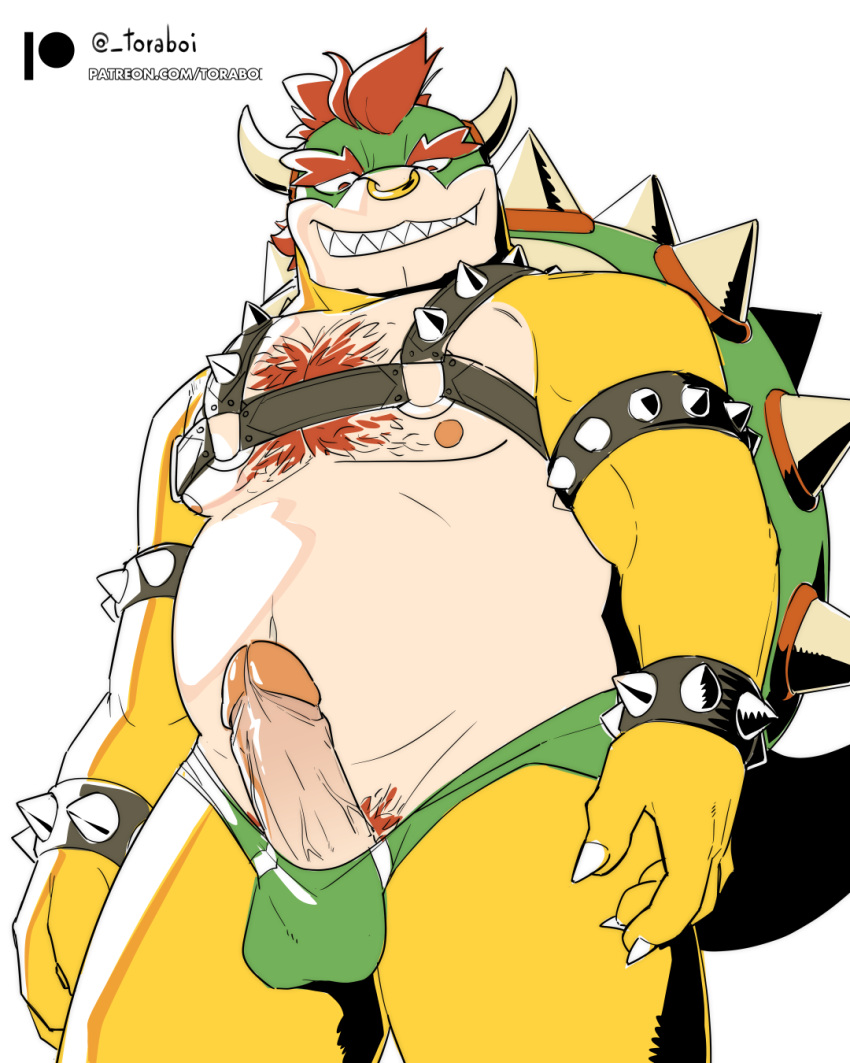 1boy bara boner bowser furry_male gay koopa male male_only mario_(series) musclechub simple_background solo standing toraboi white_background