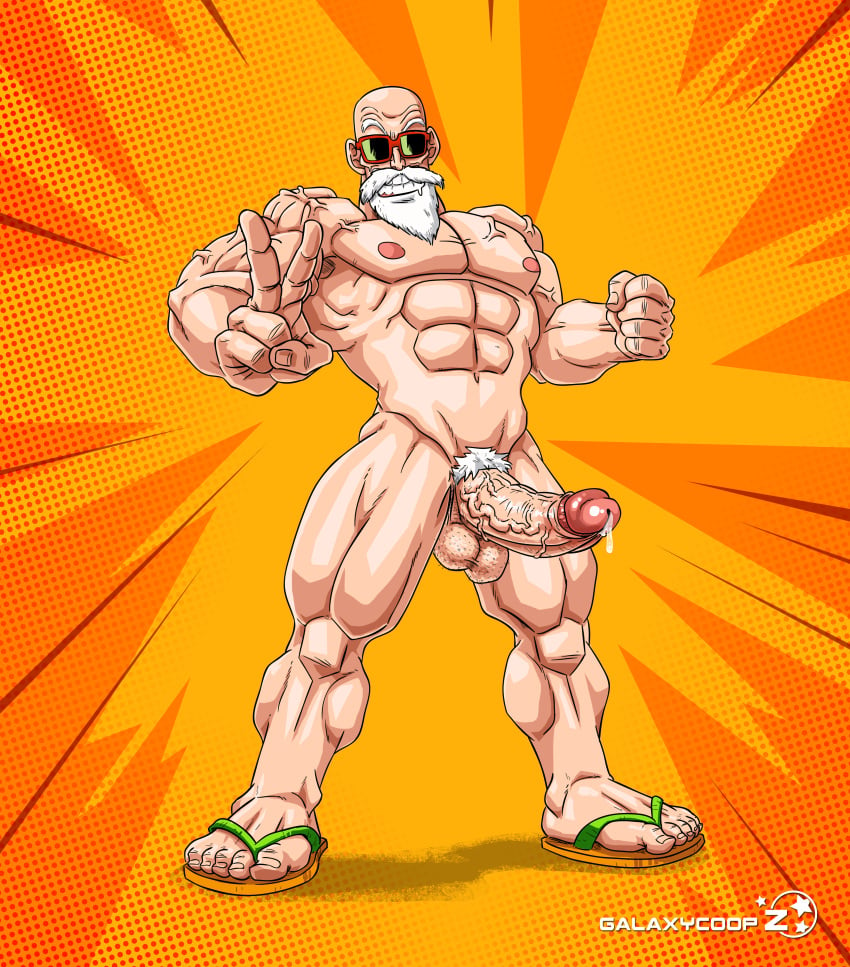 bald balls beard boner dragon_ball dragon_ball_z erection facial_hair galaxycoop male male_focus male_only master_roshi muscles muscular nude old_man penis sandals smiling solo solo_male sunglasses v_sign white_hair