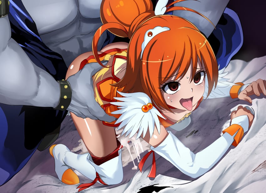 1boy all_fours bent_over bike_shorts bike_shorts_pull choker clothed_sex clothing cum cum_in_pussy cure_sunny doggy_style empty_eyes female furry furry_male furry_with_non-furry highres hino_akane_(smile_precure!) interspecies long_hair maki_ikazuya orange_choker orange_skirt orgasm overflow precure pretty_cure rape sex sex_from_behind shiny_skin skirt smile_precure solo_focus straight sweat torso_grab werewolf wolf_boy wolfrun