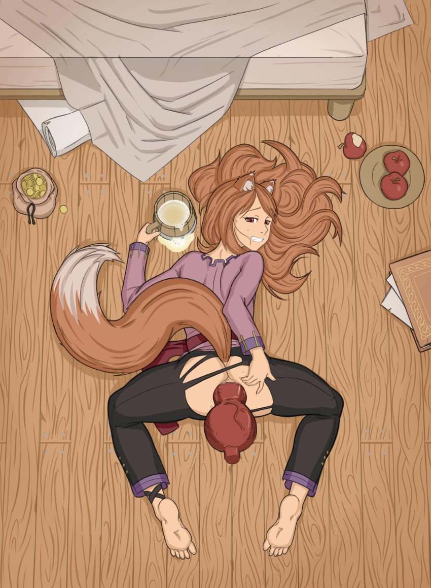 anal anal_sex anal_sex animal_ears apple bed bedroom beer big_penis book brown_hair canine_penis clothed clothed_sex female female holo knot knotted_penis lying_on_floor red_eyes seductive_look seductive_smile sovoy spice_and_wolf tail torn_clothes torn_pants wolf_ears wolf_girl wolf_tail