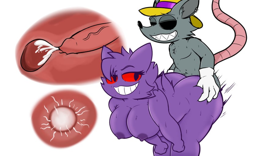 absurd_res anthro big_breasts black_eyes bodily_fluids breasts breed clothing cum cum_inside d-rat duo ear_tags female fur generation_1_pokemon gengar genital_fluids genitals gloves grey_body grey_fur handwear hat headgear headwear hi_res impregnation internal male male/female mammal murid murine nintendo nuggnogg olive_(spookygar) ovum penis pink_penis pokemon pokemon_(species) purple_body purple_breasts purple_fur rat red_eyes rodent smile sperm_cell thrusting white_clothing white_gloves white_handwear yellow_clothing yellow_hat yellow_headwear