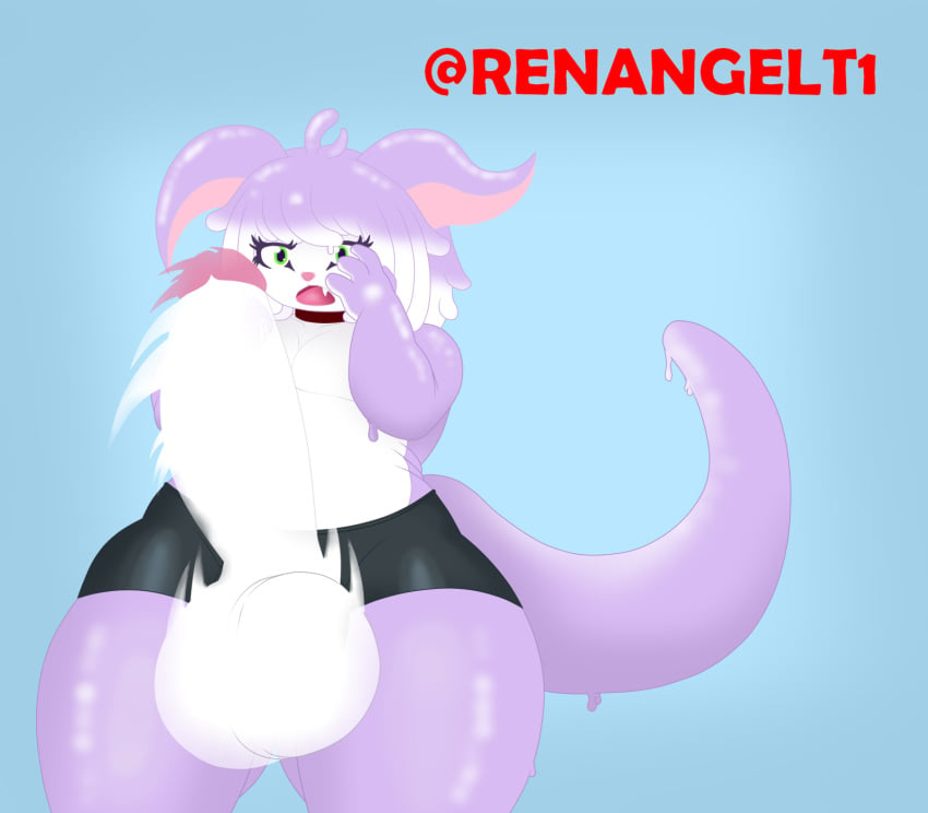 anthro balls big_balls big_penis dripping femboy goo_creature green_eyes penis purple_hair purple_skin renangelt1 slime sudden_erection suprised suprised_look thick_tail thick_thighs underwear white_hair white_skin