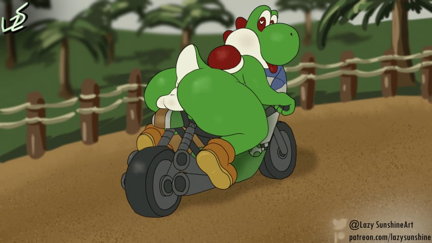 <3_eyes 16:9 animated anthro anus ass balls big_butt blep blush boots bouncing bouncing_balls bouncing_butt clothing dirt fence footwear genitals green_body green_skin heart hi_res lazy_sunshine loop male mario_(series) mario_kart markings motorcycle nintendo palm_tree plant raised_tail red_body red_scales red_shell scales shell signature slightly_chubby solo tail thick_thighs tongue tongue_out tree vehicle white_markings widescreen yoshi yoshi_(character)