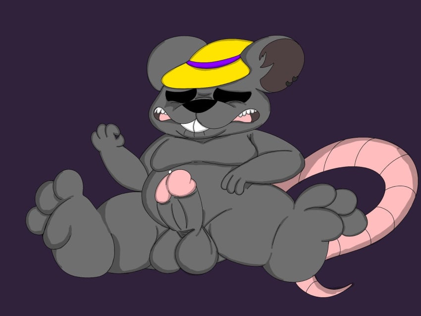 anthro balls black_eyes clothing d-rat displeased erection fur genitals grey_body grey_fur hat headgear headwear hi_res jaythefox333 male mammal murid murine pink_tail rat rodent short sitting sitting_on_ground slightly_chubby solo tail unwanted_erection yellow_clothing yellow_hat yellow_headwear