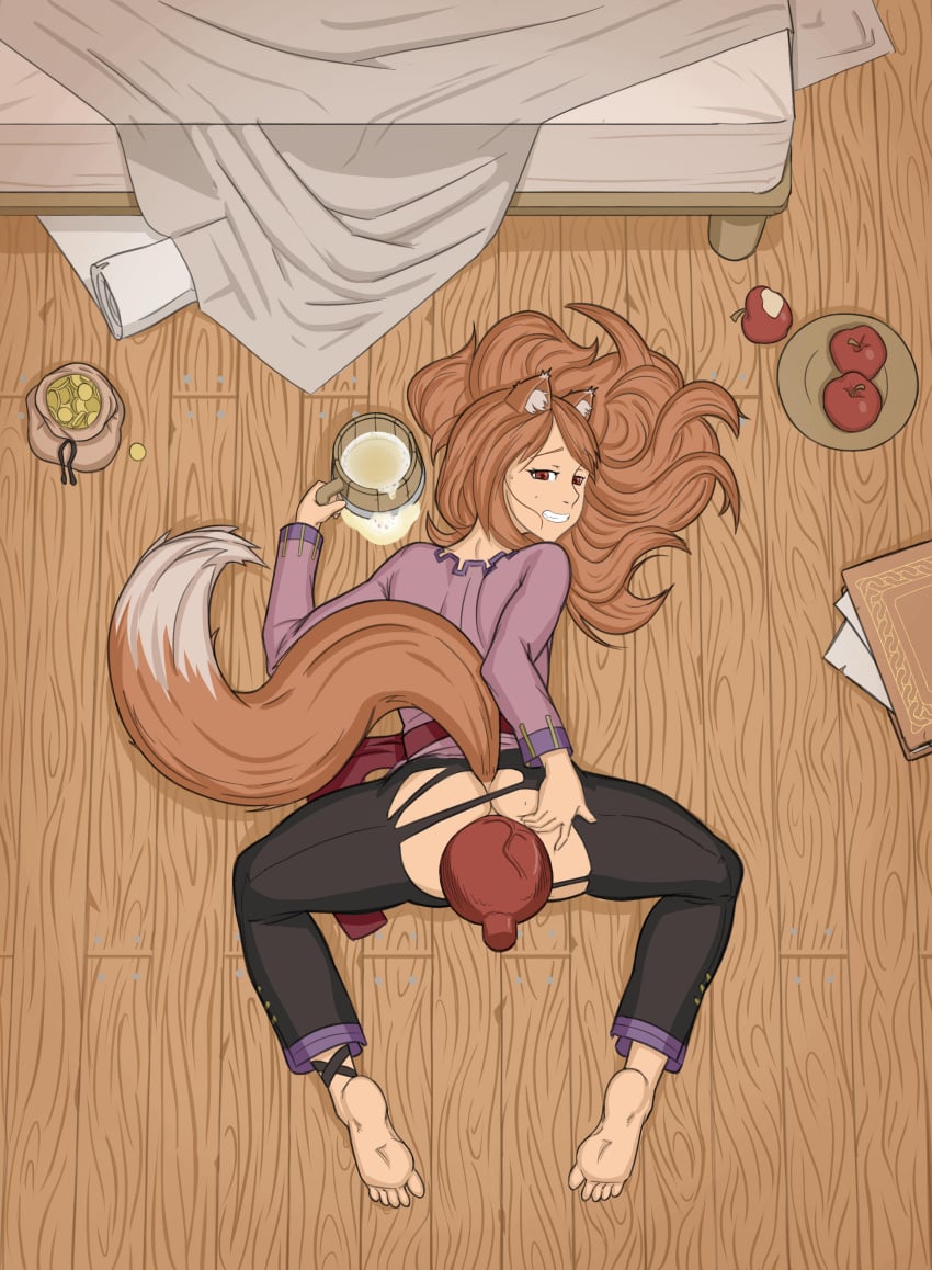 anal anal_sex anal_sex animal_ears apple bed bedroom beer big_penis book brown_hair canine_penis clothed clothed_sex female female holo knot knotted_penis lying_on_floor red_eyes seductive_look seductive_smile sovoy spice_and_wolf tail torn_clothes torn_pants wolf_ears wolf_girl wolf_tail