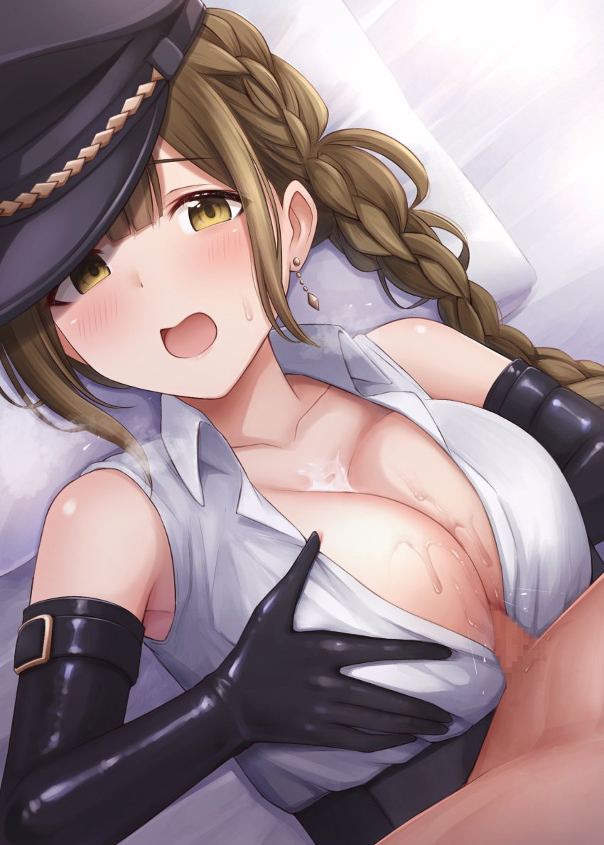 1boy 1girls absurdres ahoge bangs big_breasts black_gloves black_headwear blush braid braided_ponytail breasts breasts_squeezed_together brown_background brown_eyes brown_hair censored collarbone collared_shirt cum cum_on_body cum_on_breasts earrings elbow_gloves female gloves hat highres idolmaster idolmaster_shiny_colors jewelry kuwayama_chiyuki large_breasts light-skinned_female light-skinned_male light_skin long_braid long_hair mosaic_censoring open_mouth paizuri paizuri_flux peaked_cap penis shirt single_braid sleeveless sleeveless_shirt small_penis smile straight sweat warubo white_shirt