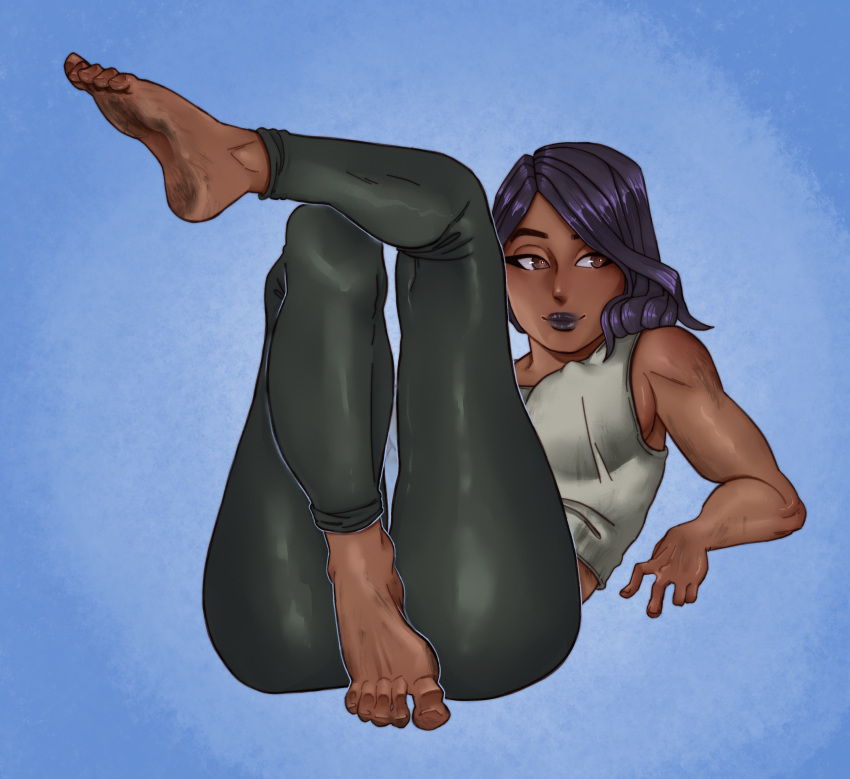 black_hair brown_eyes clothed detective dirty_feet epic_games feet female_only flatfoot foot_fetish fortnite hbnatart laying_on_back tease toes toes_scrunch toned_female