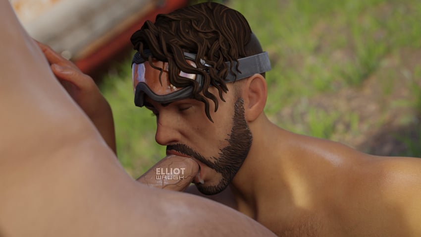 2boys apex_legends bara beard blowjob brown_eyes brown_hair chest_hair cock cock_gobble cock_hungry cum cum_drip cum_in_mouth dick erection eyes_closed facial_hair fuse_(apex_legends) gay gay_blowjob gay_sex giving_head goggles goggles_on_head going_down_on hairy hand_on_stomach head_out_of_frame kneeling_oral_position male_only mirage_(apex_legends) nude oral_sex outdoor_nudity outdoor_sex penis sucking_off sucking_penis tan_body tears thighs veiny_penis yaoi