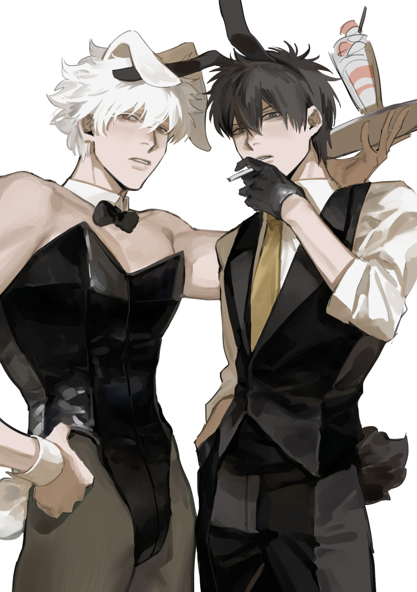 2boys alternate_costume black_gloves black_hair bowtie bunny_boy bunny_ears bunny_tail bunnysuit cigarette crossdressing detached_collar fake_animal_ears fully_clothed gintama gintoki_sakata gloves hand_on_hip hijikata_toshiro hsixxx looking_at_viewer male male_only male_playboy_bunny painting_(artwork) pale-skinned_male pale_skin pantyhose parfait smoking waiter yaoi