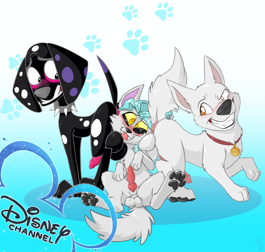 101_dalmatian_street 101_dalmatians absurd_res aged_up arctic_wolf asphyxiation balls bolt_(character) bolt_(film) canid canine canis dalmatian dante_(101_dalmatians) disney disney_xd dog domestic_dog feral fuf gay group hi_res male male/male male_only mammal penis raaf_helder_(character) smothering testicles trio wolf