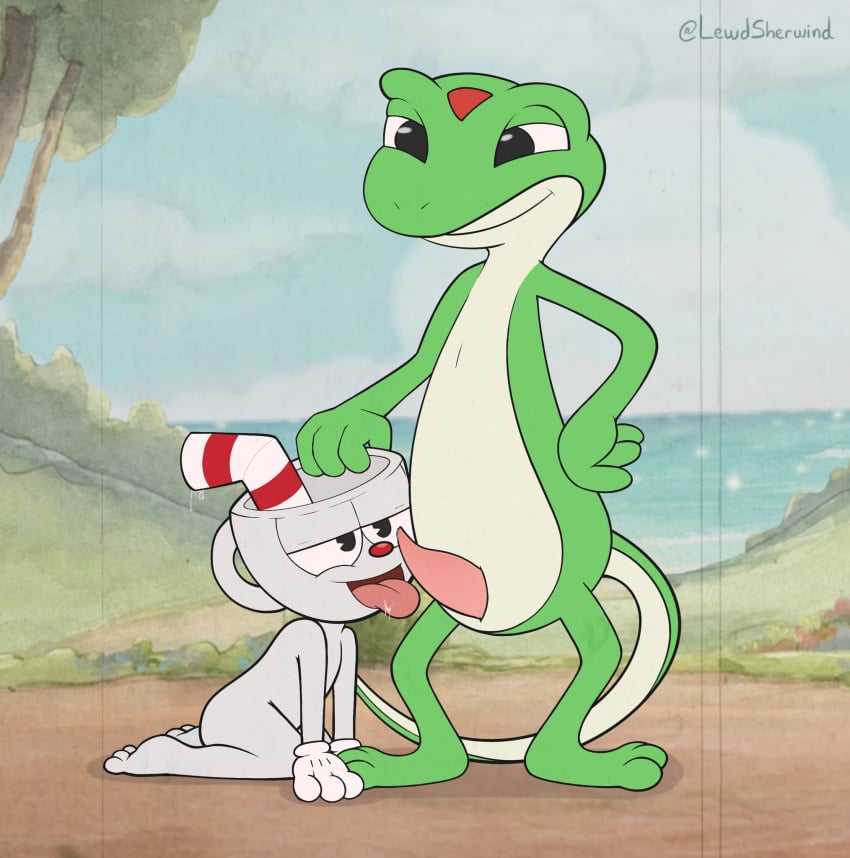 animal_genitalia bodily_fluids container cum cum_on_tongue cup cuphead cuphead_(game) duo gecko geico geico_gecko genital_fluids genitals hi_res kneeling leaking_cum licking lizard male male/male mascot oral penile penis penis_lick reptile scalie sex sherwind52 tongue tongue_out