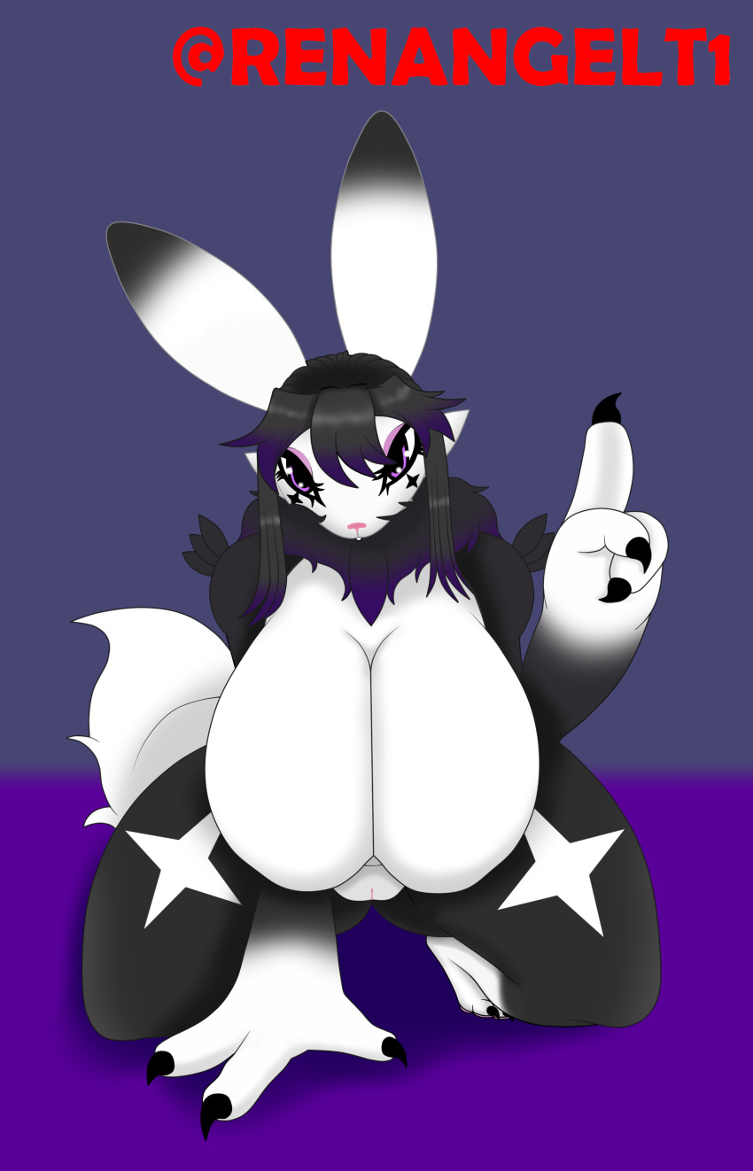 3_fingers anthro anthro_only big_breasts black_fur black_hair digimon fan_character finger_claws furry highlights_(coloring) multicolored_fur neck_tuft pink_nose purple_eyes purple_highlights renamon renangelt1 two_tone_fur white_fur